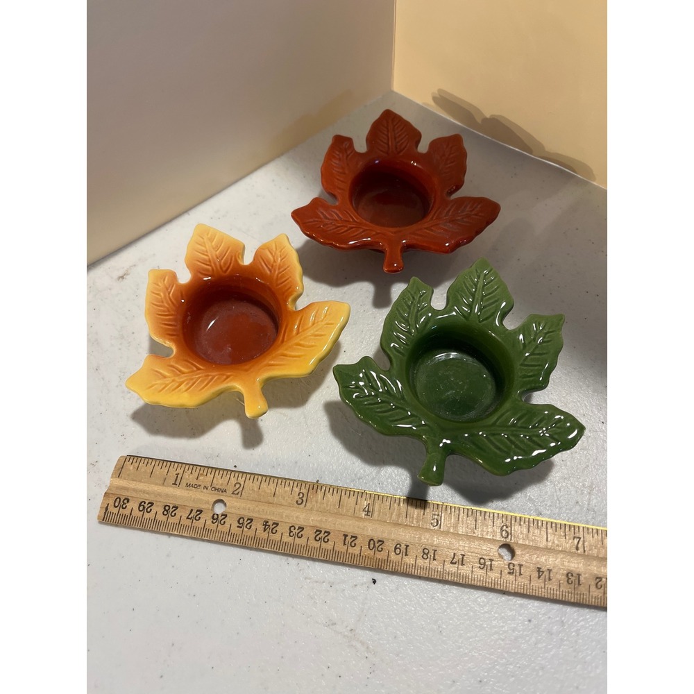 Set of 3 Ceramic Autumn Maple Leaf Tea Light Candle Holders Fall Decor Multi